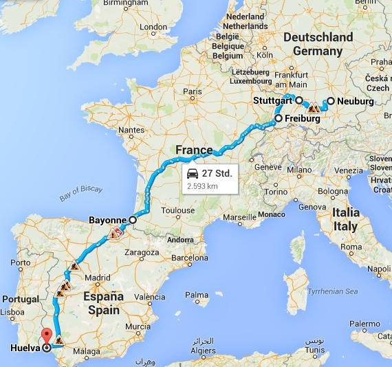 Ruta de traslado del coche importado de Alemania a España
